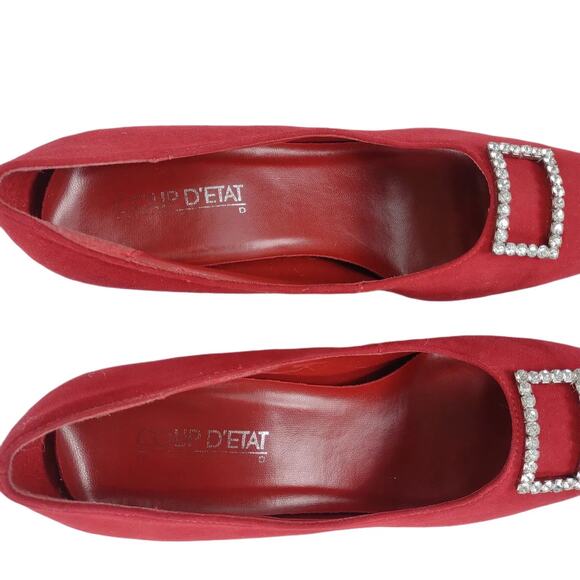 COUP D'ETAT Women's 8 Red Suede Leather 3" Heels, Rhinestone Pointed Square Toe - Picture 5 of 9